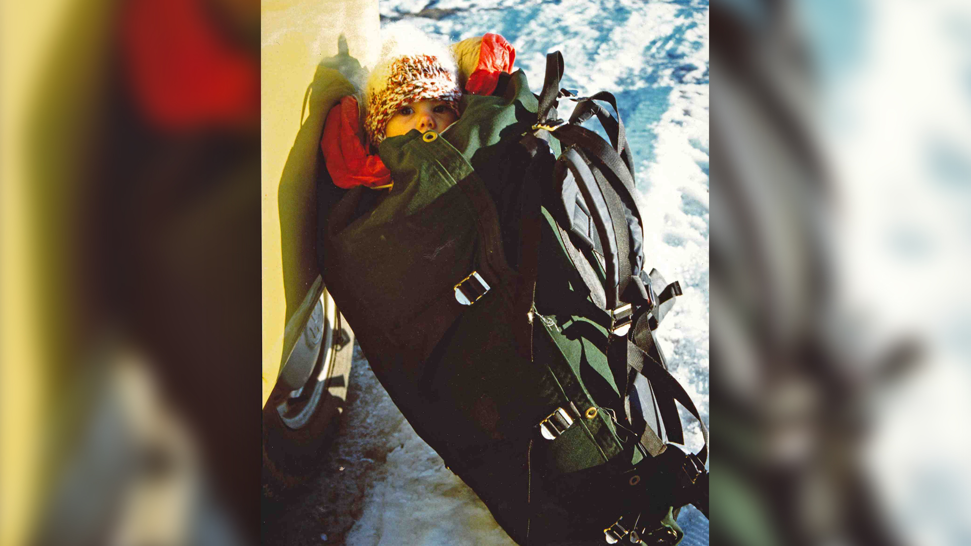 Baby Skye in an adventure-style baby-bjorn backpack