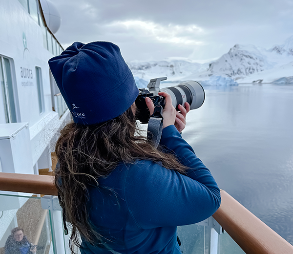  Woman photographer capturing landscape, Paradise Harbour, Antarctica, David Stock