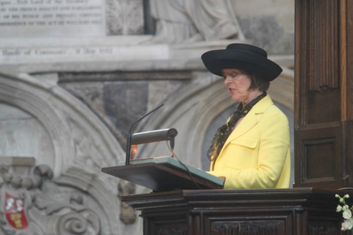 Sir Ernest Shackleton’s granddaughter and president of the James Caird Society, Alexandra Shackleton, delivered a quote by Frank Worsley. Image credit: Westminster Abbey.