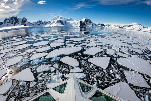 Bow of ship in icy waters, Antarctica, Grant Thomas