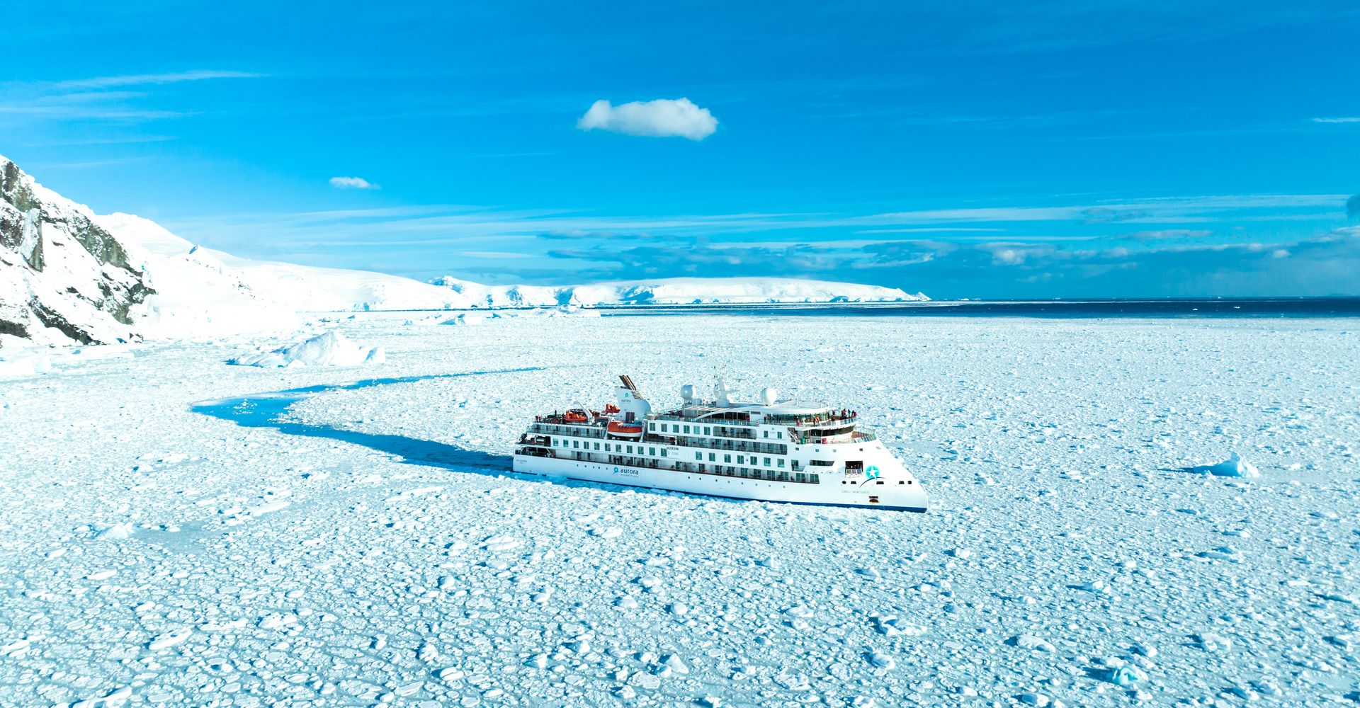 The Greg Mortimer sailing through sea ice in Antarctica